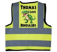 Acce Products Dinosaur Personalised T-Rex Baby, Toddler, Children, Kids Hi Vis Safety Jacket Vest Size 1-2 Years Yellow Optional Wording On Front