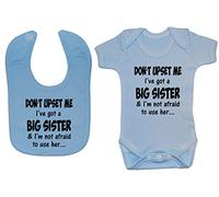 Acce Products Don't upset me I've got a big Sister & I'm not afraid to use her… Bodysuit/Romper/Babygrow & Feeding Bib Set 6-12 Blue
