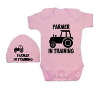 Acce Products Farmer in Training Baby Bodysuit Romper & Beanie Hat - 6-12 Months - Pink