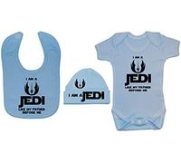 Acce Products I Am a Jedi Like My Father Before Me Baby Bodysuit/Romper, Feeding Bib & Beanie Hat/Cap - 3-6 Months - Blue