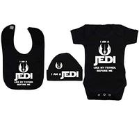 Acce Products I Am a Jedi Like My Father Before Me Baby Bodysuit/Romper, Feeding Bib & Beanie Hat/Cap - 3-6 Months - Black