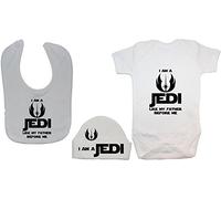 Acce Products I Am a Jedi Like My Father Before Me Baby Bodysuit/Romper, Feeding Bib & Beanie Hat/Cap - 6-12 Months - White