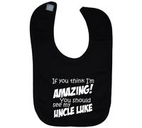 Acce Products If You Think I'm Amazing You Should See My Uncle PERSONALISE WITH OWN NAME. Baby Feeding Bib Touch Attached 0 to approx 3 Years - Black