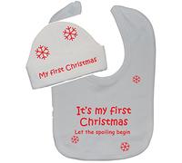 Acce Products It's My First Christmas Let The Spoiling Begin Baby Feeding Bib & Beanie Hat/Cap Set 0 to 12 Months
