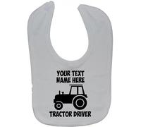 Acce Products Personalised Tractor Driver Baby Infant Feeding Bib Touch Attach 0 to approx 3 Years - White