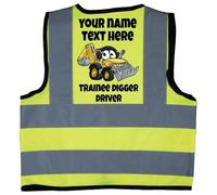 Acce Products Personalised Trainee Digger Driver Colour Excavator Baby Children Kids Hi Vis Safety Jacket Vest Size 1-2 Years Yellow Optional WordingTo Front