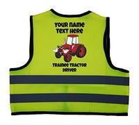 Acce Products Personalised Trainee Tractor Driver Red Baby Children Kids Hi Vis Safety Jacket Vest Size 7-9 Years Yellow Optional Text To Front