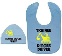 Acce Products Trainee Digger Driver Baby Feeding Bib & Beanie Hat - 6-12 Months - Blue