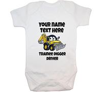 Acce Products Trainee Digger Driver Personalised Name Colour Pic Baby Grow, Bodysuit, Romper, T-Shirt - 0-3 Months - White