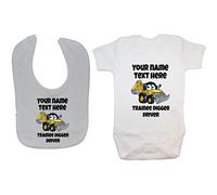 Acce Products Trainee Digger Driver Personalised NameColour Pic Baby Grow, Bodysuit, Romper & Feeding Bib Sizes from 0 to 18 Months