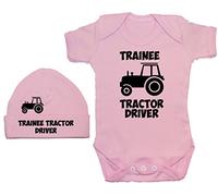 Acce Products Trainee Tractor Driver Baby Bodysuit/Romper & Beanie Hat - 3-6 Months - Pink