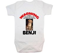 Acce Products Warning Don't Mess With Me I'm Protected By Personalised With Pets/Dogs Name and Picture Baby Grow Bodysuit Romper - 3-6 Months - White