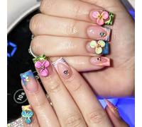 Accent Manicure Tip Set 24 Piece Pack, French Tip Square False Tips with 3D Flower Detail, 12 Sizes and Travel Ready Look Change Artificial Tips False Wearable Manicure French Square Set Floral