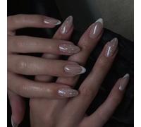 Accent Manicure Tips with French Tip Direction, Almond Profile Wearable Manicure Set, 24 Main Pieces, 6 Spare Accent Pieces, Storage Case French Tip Tips Almond Set White Line Detail Dot Wearable