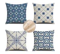 Accent Patchwork Cushion Covers 35x35cm Outdoor Cushions Waterproof Linen Cushion Covers 14x14inch Square Throw Pillow Covers Pack of 4 for Decorative Pillows Sofa Cushions Garden Cushions S405