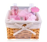 Accentra BLOSSOM Bath Set in Basket for Women, Wellness Gift Set with Shower Gel, Body Lotion, Bath Salt, Bath Bomb and Mesh Sponge, Lilac Rose Fragrance, Spa Gift for Birthday, Mother's Day