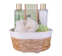 Accentra Botanic Spa Bath Set in Basket, Wellness Gift Set for Women with 200 ml Shower Gel, 200 ml Body Lotion, 150 g Bath Salt, 60 g Bath Bomb, Ramie Sponge, Eucalyptus and Lemongrass Fragrance