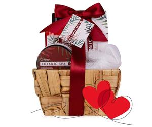 accentra Cherry Spa Gift Set - Bath & Shower Set in Seagrass Basket - 5 Piece Wellness Set for Women - Red