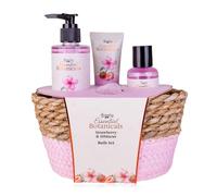 Accentra Essential Botanicals Bath Set in Basket Gift Set with 200ml Hand Soap, 100ml Shower Gel, 60ml Hand & Nail Cream, 15g Mesh Sponge, Strawberry and Hibiscus Scent, Birthday Gift