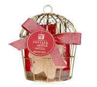 Accentra Festive Edition Bath Set in Golden Wire Bird Cage, 4-Piece Wellness Gift Set for Women with Shower Gel, Bubble Bath, Body Scrub & Bath Bomb, Winter Berry Fragrance, Christmas