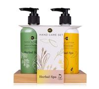 Accentra Herbal Spa Hand Care Set on a Wooden Shelf, 290 ml Hand Soap and 290 ml Hand Lotion, Packaging (Paper) and Bottles Made of Recycled Material - Refillable