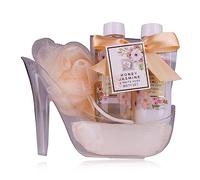 Accentra Honey Jasmine Women's Shower Set in Beautiful Pumps - 3-Piece Care Set with Shower Gel, Body Lotion and Bath Sponge - Wellness Gift Set for Birthday, Valentine's Day