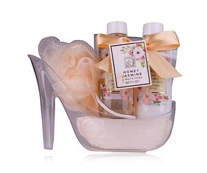 Accentra Honey Jasmine Women's Shower Set in Beautiful Pumps - 3-Piece Care Set with Shower Gel, Body Lotion and Bath Sponge - Wellness Gift Set for Birthday, Valentine's Day
