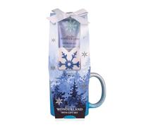 Accentra Winter Wonderland Women's Bath Set in Cup, Includes Shower Gel & Bath Bomb, White Tea & Coconut Fragrance, Festive Christmas Gift with Ceramic Mug in Blue, White and Silver