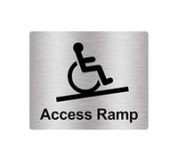 Access Ramp Wheelchair Users, Access, Sign Adhesive Sticker Notice, Metallic Silver Engraved Black with Universal Icon Symbol and Text (Size 12cm x 10cm)