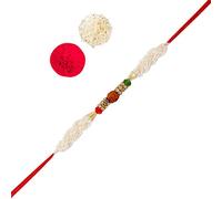 AccessHer Designer Pearl and Rudraksh Rakhi for Brother with roli kumkum Packets and Happy Rakshabandhan Card, Fabric, Cubic Zirconia