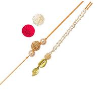 ACCESSHER Elegant Gold Plated Filigree Ball with Pearl Bhaiyya Bhabhi Rakhi for Beloved Brother with Roli Kumkum Packets and Happy Rakshabandhan Card | Rakhi for Brother, 1, Fabric, Oxide of