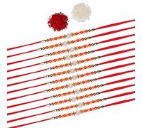 ACCESSHER Traditional Elegant and Stylish Orange Beads Rakhi for Beloved Brother Pack of 12 with Roli Kumkum Packets and Happy Rakshabandhan Card | Rakhi For Brother