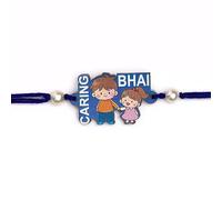 ACCESSHER Traditional Elegant Wooden Design Caring Bhai Printed Rakhi for Beloved Brother Pack of 1 with Roli Kumkum Packets, and Happy Rakshabandhan Card, One Size, Cotton, no gemstone