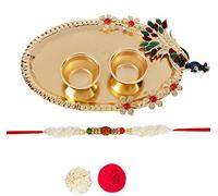 ACCESSHER Traditional Rudraksh Rakhi for Beloved Brother with Acrylic Peacock Pooja Thali, Roli Kumkum Packets and Happy Rakshabandhan Card, 5.9 inches, Plastic, Cubic Zirconia