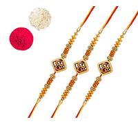 AccessHer Wooden Finish OM with Rudraksh Rakhi for Brother with roli kumkum Packets and Happy Rakshabandhan Card, One Size, Fabric, Cubic Zirconia