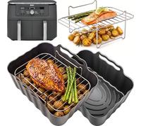 Accessories for Ninja DZ400UK Dual Zone | Convex Base Liners & Racks | Fits the Ninja DZ400UK 9.5L Dual Zone air fryer. 2 platinum silicone liners, 2 stainless steel racks and 4 skewers.