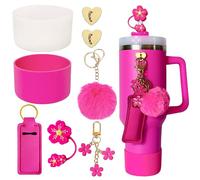 Accessories for Stanley Cup 40oz,2 Silicone Boots for Stanley Tumbler,1 Flower Straw Cover Topper,2 Charms Hooks,1 Lipstick Holder Bag,1 Pompom Ball,1 Cute Keychain Charms (Passion Pink)