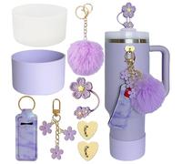 Accessories for Stanley Cup 40oz,2 Silicone Boots for Stanley Tumbler,1 Flower Straw Cover Topper,2 Charms Hooks,1 Lipstick Holder Bag,1 Pompom Ball,1 Cute Keychain Charms(Purple,Transparent)