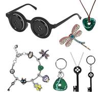 Accessories Set for Coraline, 7 Pieces, Button Eyes Glasses|Keychains|Bracelets|Necklace|Dragonfly Hair Clip for Women Men, Jewelry Compatible with Coraline Halloween Costume Cosplay Movie Props Dress