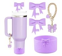 Accessories Set for Stanley Cup,2Pcs Bow Straw Cover Caps Straw Toppers,1Pcs Cute Bow and Heart Handle Charm and 1Pcs Bow Silicone Boot for Stanley 30&40oz Tumbler (Purple)