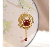 Accessories Vintage S925 Necklace for Women Gold Plated Red Agate Brooch Crane Handmade Classical Jewelry Women's Pendant Necklaces Charm Gift National Old Craft