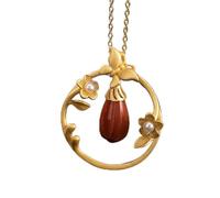 Accessories Vintage S925 Necklace for Women Gold Plated Red Agate Magnolia Flower Handmade Classical Jewelry Women's Pendant Necklaces Charm Gift National Old Craft