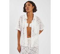 ACCESSORIZE Cotton Rich Tile Lace Beach Cover Up Shirt Ivory