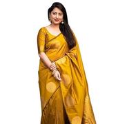 Accessorize Kingdom Content generated Womens Pure Banarasi Soft Silk Saree Kanjivaram Style Sarees With Blouse Piece For Wedding (KeriGola-51) (Yellow, Free Size)