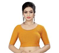 Accessorize Kingdom Round Neck Dobby Cotton Lycra Stretchable Elbow Sleeve Readymade Saree Blouse for Women Stylish (Free Size) (XL, Mustard, Free Size - 38-42)