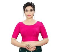 Accessorize Kingdom Round Neck Dobby Cotton Lycra Stretchable Elbow Sleeve Readymade Saree Blouse for Women Stylish (Free Size) (Standard, Rani, Free Size - 30-36)