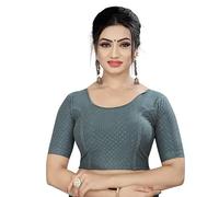 Accessorize Kingdom Round Neck Dobby Cotton Lycra Stretchable Elbow Sleeve Readymade Saree Blouse for Women Stylish (Free Size) (Standard, Grey, Free Size - 30-36)