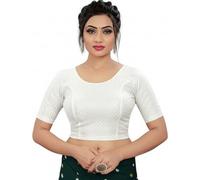 Accessorize Kingdom Round Neck Dobby Cotton Lycra Stretchable Elbow Sleeve Readymade Saree Blouse for Women Stylish (Free Size) (XL, White, Free Size - 38-42)