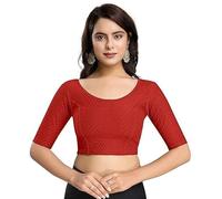 Accessorize Kingdom Women's Dobby Pure Cotton Elastin Stretchable Readymade Round Neck Elbow Length Sleeves Blouse Choli Stylish Saree Blouse (Red, 38-42)