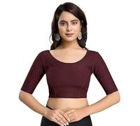 Accessorize Kingdom Women's Dobby Pure Cotton Elastin Stretchable Readymade Round Neck Elbow Length Sleeves Blouse Choli Stylish Saree Blouse (Wine, 38-42)